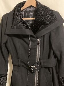 Guess Women's Black Wool Blend Faux Fur Belted Coat/Trench Coat Size Small
