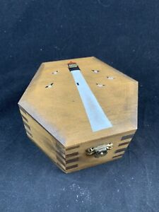Vintage Wooden Octagonal Storage Box Original Old Crafted Painted Lighthouse 5”