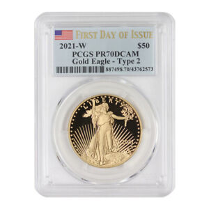 2021-W $50 Gold Eagle Type 2 PCGS PR70DCAM First Day of Issue Flag Label