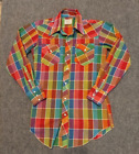 Vtg H Bar C Ranchwear Western Shirt Mens 16.5 Medium ? Plaid Pearl Snap Bright