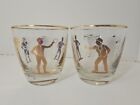 Pair Mid-century Equestrian Horse Jockey Gold Roly Poly Cocktail Glasses Barware
