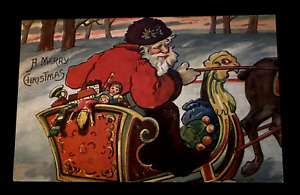 Santa Claus in Sled with Toys~Dolls~Holly~Antique~Christmas Postcard~h678