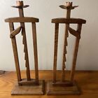 Early American Wooden Ratchet Table Top Candle Holders Set of 2 - 23.5