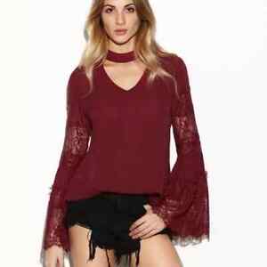 Burgundy Lace Accent Trumpet Lace Sleeve Choker Blouse Womens Small