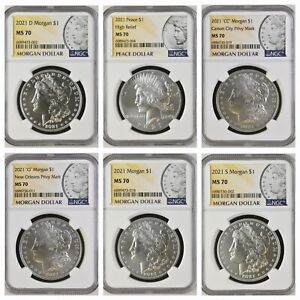 2021 Morgan & Peace Silver Dollars NGC MS70 6 Coin Set P, D, S, O, CC Exact Coin