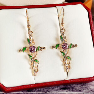 18k Yellow Gold Plated Cross Drop Earrings Pretty Women Cubic Zirconia Jewelry