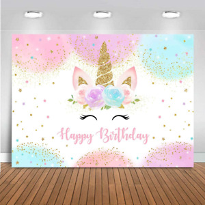 Rainbow Unicorn Backdrop Happy Birthday Party Decorations for Girls Watercolor F