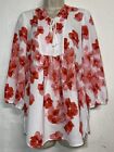 Tahari Small Blouse White Red Floral 3/4 Sleeve Tie Neck Tunic Top