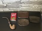 ANTIQUE LOT 5 TOBACCO LEATHER POUCH CURVED 10”  WELLINGTON PIPE VELVET TIN