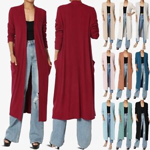 Women's Cardigan Long Sleeve Open Front Draped Sweater Long Duster w/ Pockets