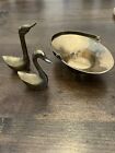 Vintage Set of 2 Pair Brass Swans With Basket Small Mini Figurines Mid-Century