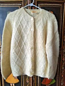 Vtg 1960’s Made In Italy Franzini Mohair Wool Hand Knit Cardigan Sz L Ivory