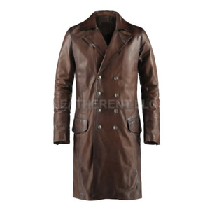 Mens Trench Coat Brown Real Leather German Naval Peacoat Classic Military Style