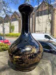 Chinese Antique Porcelain Vase Mirror Black Gilt Glaze Gold Dragon Kangxi Period
