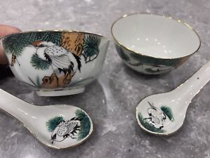 Lot Of 2 Chinese Republic Porcelain Rice Bowls And 2 Spoons KANGXI Mark Egret