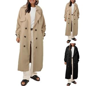 Women's Oversized Long Trench Coat Double Breasted Lapel With Belt Windproof