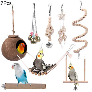 7Pcs Pet Bird Toys Cage Swing Wood Coconut Shell Bird Nest House Hanging Toy Set