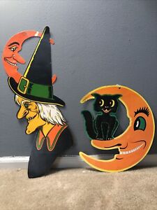 Vintage Beistle Halloween Die Cut Large Witch 23 And Moon/Cat
