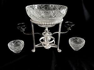 ANTIQUE ENGLISH SILVER PLATED EPERGNE FROM 19 CEN.ORIGINAL GLASS BOWLS.