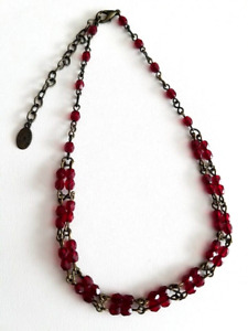 Robert Rose Beaded Chain Necklace Choker Red Crystals Gunmetal 12