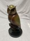 Owl Statue Hand Sculpture Brass With Stone base 8” Tall