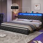 King Bed Frame with LED Lights Modern Platform Bed with 2 Tier Headboard Storage