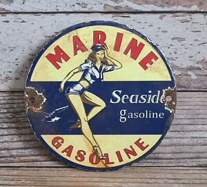 New ListingVintage Marine Gasoline Pinup Girl Sailor Porcelain Metal Sign Boating