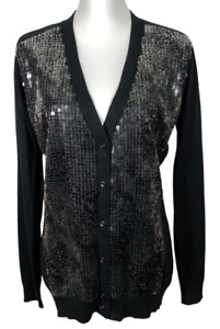 Magaschoni Sweater Women L Black Cardigan Sequin Long Sleeve Cashmere Wool Blend