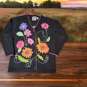 Vintage Storybook Knits Cardigan Sweater Large Wildflower Black Multicolor