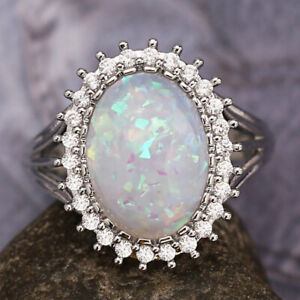Oval White Opal Women Wedding Ring 925 Silver Filled Ring Women Jewelry Sz 6-10