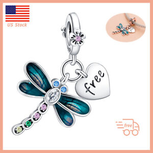 New Authentic Dragonfly Heart Dangle Charm 925 Sterling Silver Bracelet Charm