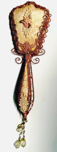 Beautiful vintage bronze handheld mirror guilloche trim floral velvet beads EUC