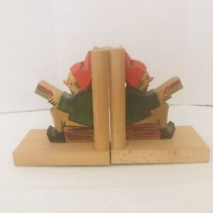 Vintage Wooden Bookends Elf/Gnomes Hand Carved Painted In Germany