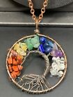 Bohemian Tree Of Life Rainbow Gemstone  Pendant Necklace  30” Copper Chain