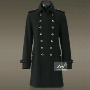 Mens Military Woolen Outerwear Double Breasted Trench Long Coat Overcoat Jacket