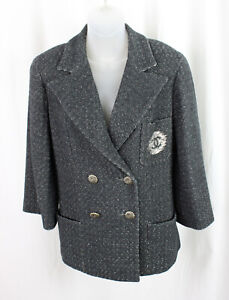 Chanel Auth NWOT Grey Tweed CC Logo Double Breasted Jacket Blazer 36 4
