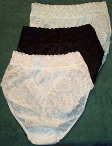 3 Pair Size 9 Assorted Colors Nylon High Cut Brief Panties Sexy Lace Made USA