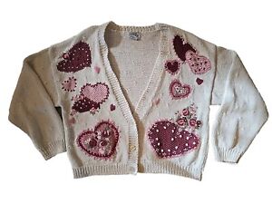 Vintage Heart Embroider Cardigan Sweater Chunky Oversized Medium Cottagecore