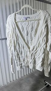 Vintage Hand Knit White Cable Knit Cotton Womens Cardigan Size M White D