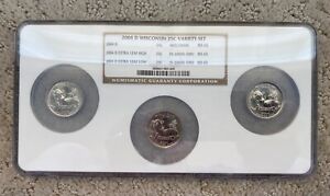 2004-D WISCONSIN 25c 3 COIN VARIETY SET EXTRA HIGH & LOW LEAF & REG. NGC MS 65