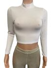 Bozzolo white crop top l/s mock Turtle neck ribbed t-shirt L new stretchy Work
