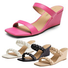 Women Summer Low Wedge Heel Square Open Toe Slip On Casual Wedge Sandals