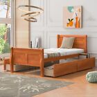 Twin Wood Platform Bed with 4 Drawers, Streamlined Headboard & Footboard, Oak