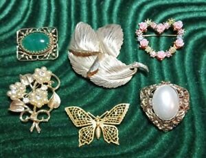 Vintage To Present Brooch Lot Of 6 Gold Tone Flower Heart Leaves Butterfly