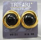 LAST 1 New Vintage 90s TRIFARI Gold Tone Framed Round Black Post Earrings 68R