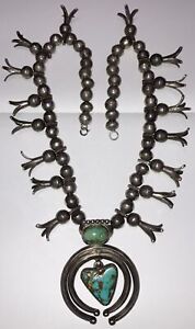 Navajo Squash Blossom Necklace 1920s Old Pawn 354g Coin Silver Turquoise Signed