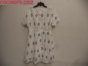 Women's White Dress 1/4 Button Down Cinched Waist Embroidered Dress, XL 1311873