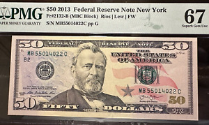 $50 2013 FEDERAL NOTE NEW YORK GRADED PMG 67 SUPERB GEM UNC. FR#2132-B