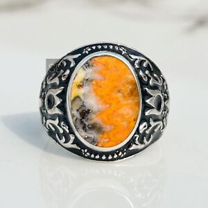 Handmade jasper Ring Men Solid Silver Ring, bumble bee Jasper Statement Ring