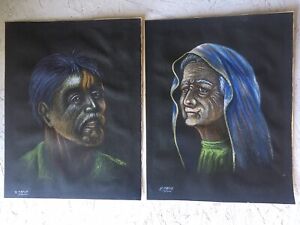 New ListingHaitian folk art pastel portraits pair woman and man couple original vintage